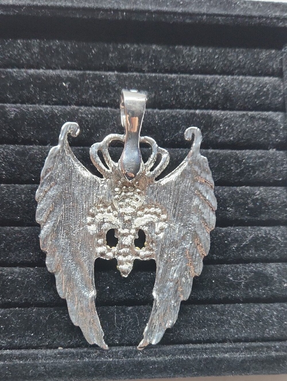 Silver-tone Angel Wing Pendant Necklace with Crown And Fleur De Lis - Picture 4 of 4